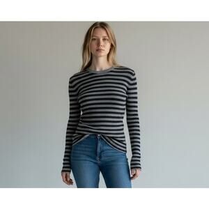 Vince 100% Cashmere Striped Sweater Women S Black Gray Fitted  Knit Lightweight